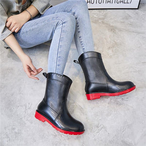 Women mid calf low heel antiskid slip on rain boots