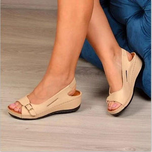 Women summer beach peep toe buckle ankle strap wedge sandals