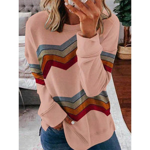 Women color block stripes long sleeve pullover crewneck sweatshirt