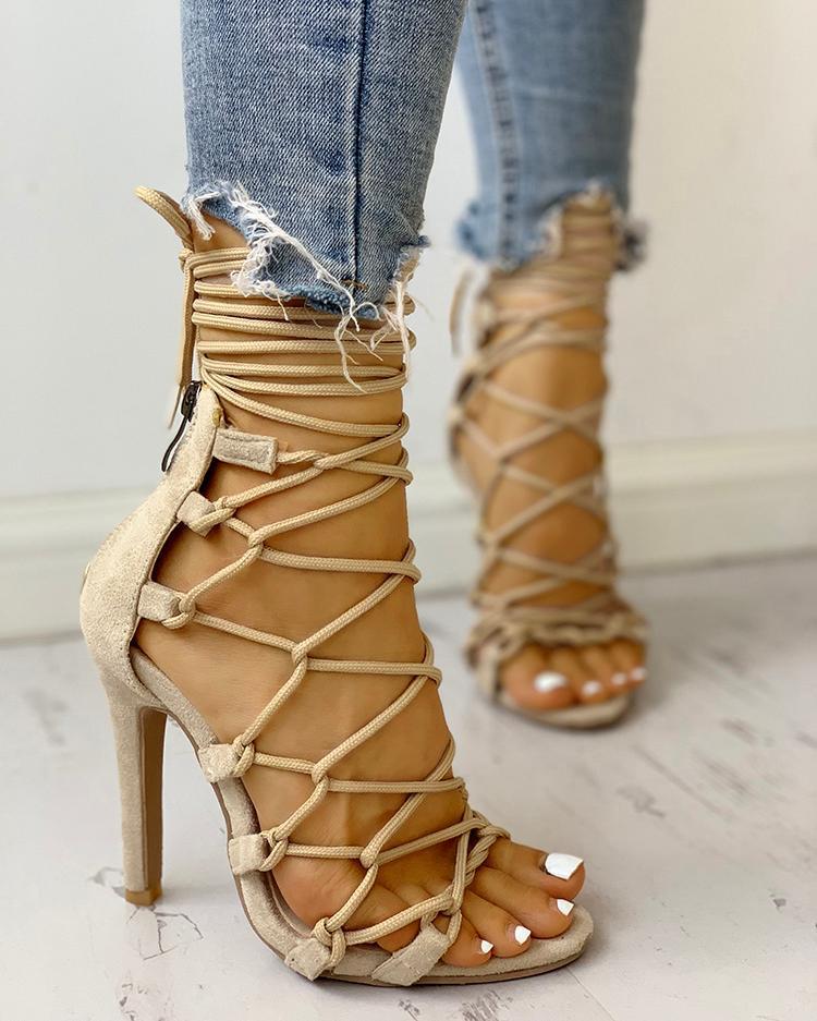 Women stiletto peep toe criss cross strappy lace up heels