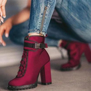 Women studded chunky high heel buckle strap ankle boots
