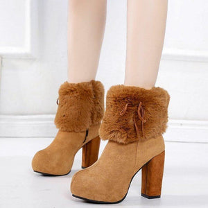 Women winter warm faux fur bowknot chunky high heeled platform booties