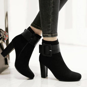 Women short buckle strap chunky high heel ankle boots