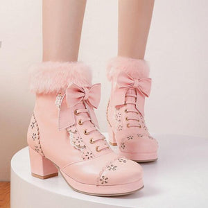 Women cute bowknot lace up hollow flower heeled faux fur short winter boots