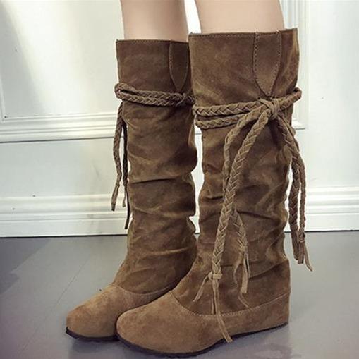 Women winter flat woven fringed knee high boots