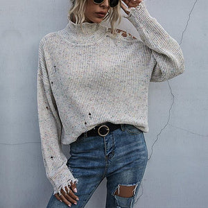 Women one shoulder ripped long sleeve pullover turtleneck sweater