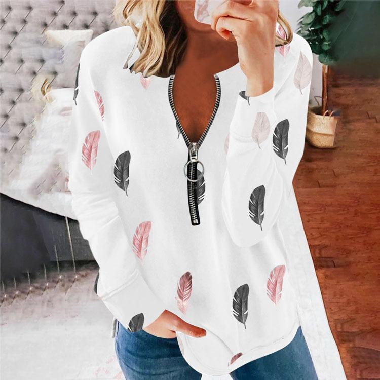 Women long sleeve printed casual zipper v neck t shirts