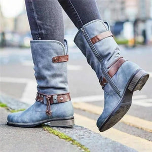 Women winter snow side zipper chunky heel mid calf boots