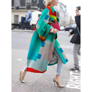 Women printed flare sleeve windbreaker winter fall long coat