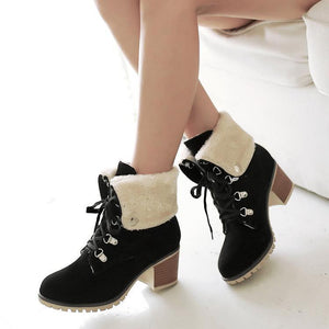 Women chunky heel faux fur short lace up boots