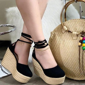 Women closed toe side hollow strappy lace up platform sandals