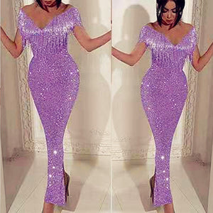 Sexy sequins tassels off the shoulder bodycon maxi dress | Bodycon dress party prom dress