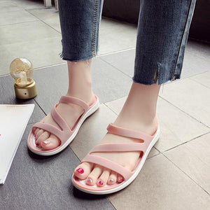 Women summer beach peep toe hollow breathable slide flat sandals