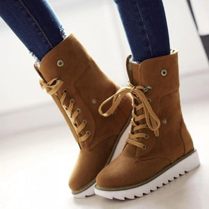 Women winter flat heel thick sole faux fur lace up short snow boots