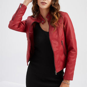 Women motorcycle standing collar long sleeve cropped coat & jacket