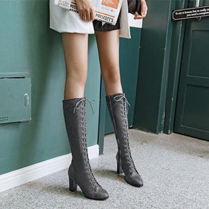 Women chunky high heel side zipper lace up knee high boots