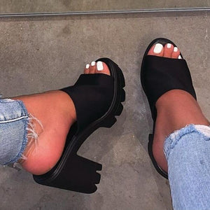 Women peep toe slip on chunky platform heels