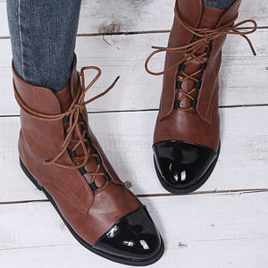 Women England style pointed toe lace up low heel booties