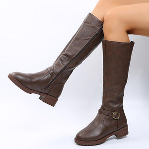 Women chunky heel buckle strap side zipper knee high boots