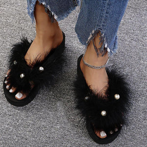 Women summer fuzzy pearls flip flops slide sandals