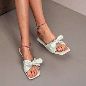 Women bowknot square peep toe summer flat slide sandals