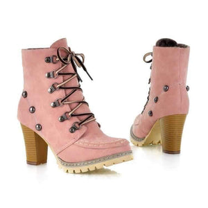 Women studded lace up chunky high heel boots