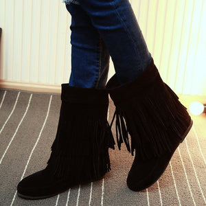 Women fringe solid color round toe short flat boots