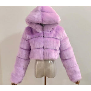 Women cropped hooded solid color long sleeve faux fur coat