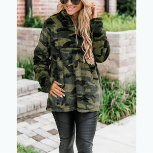 Women faux fur sweatshirt plaid camouflage quarter zip pullover