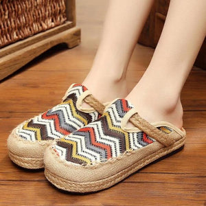 Women rainbow round closed toe linen slide sandals