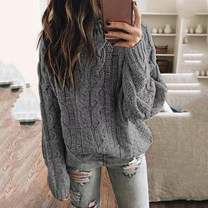 Women long sleeve cable knit pullover crew neck sweater