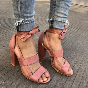 Women criss cross strappy lace up peep toe chunky heels
