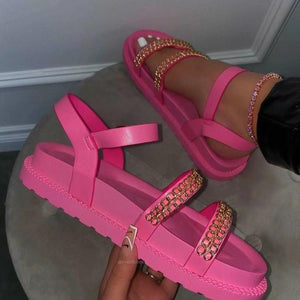 Women summer chain decor strap buckle slip on flat sandals