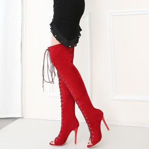 Women hollow lace up stiletto high heel over the knee boots