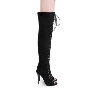 Women hollow lace up stiletto high heel over the knee boots
