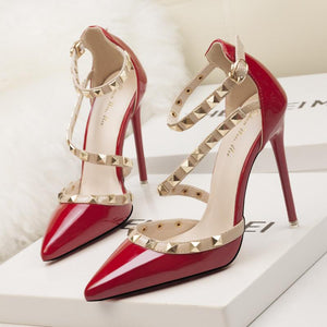 Women Pointed Toe Strappy Hollow Studded Heels