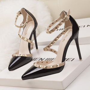 Women Pointed Toe Strappy Hollow Studded Heels