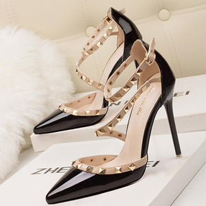 Women Pointed Toe Strappy Hollow Studded Heels