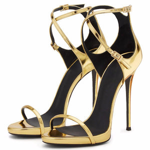 Women peep toe criss cross buckle strap gold high heels