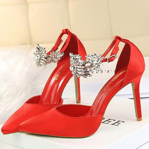 Women ankle rhinestone flowers buckle strap pointed toe stiletto heels