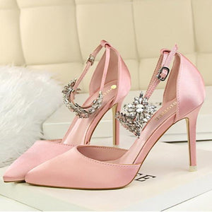 Women ankle rhinestone flowers buckle strap pointed toe stiletto heels