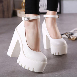 Women closed toe buckle ankle strap chunky platform heels