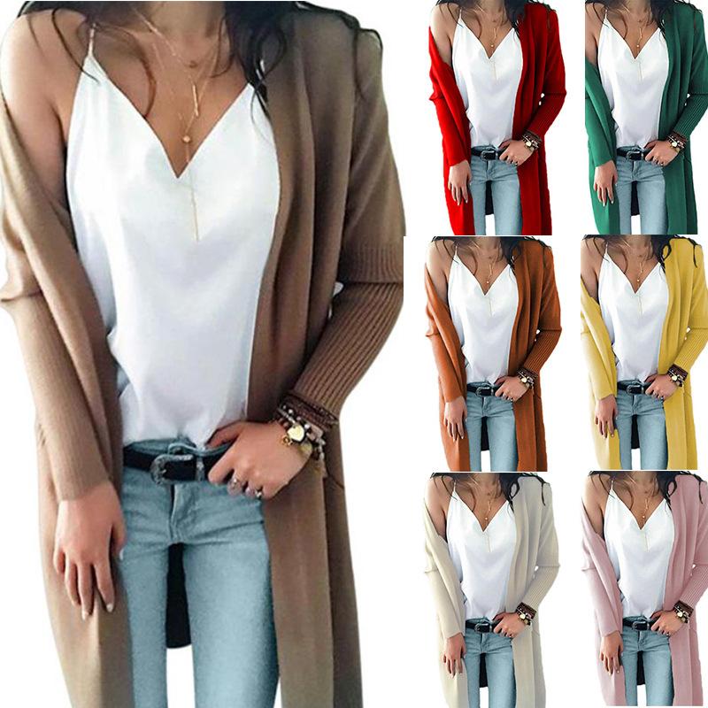 Women's open front long knitted cardigan sweater with pocket for fall/winter