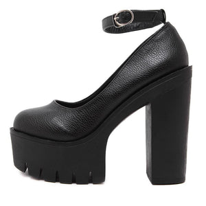 Women closed toe buckle ankle strap chunky platform heels
