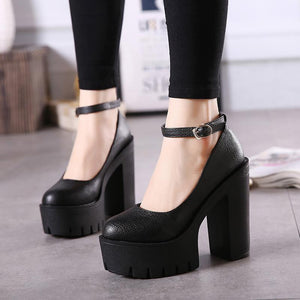 Women closed toe buckle ankle strap chunky platform heels