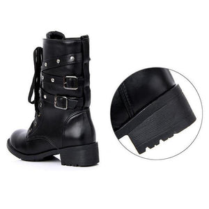 Women Solid Color Round Toe Studded Strap Buckle Lace Up Chunky Platform Black Boots