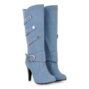 Women denim fashoin buckle strap chunky knee high boots