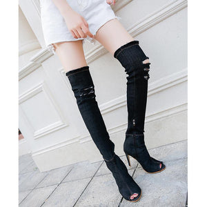 Fashion Stiletto High Heel Peep Toe Hollow Out Breathable Elastic Over The Knee Boots