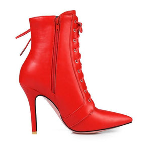 Women criss cross lace up pointed toe stiletto heeled booties