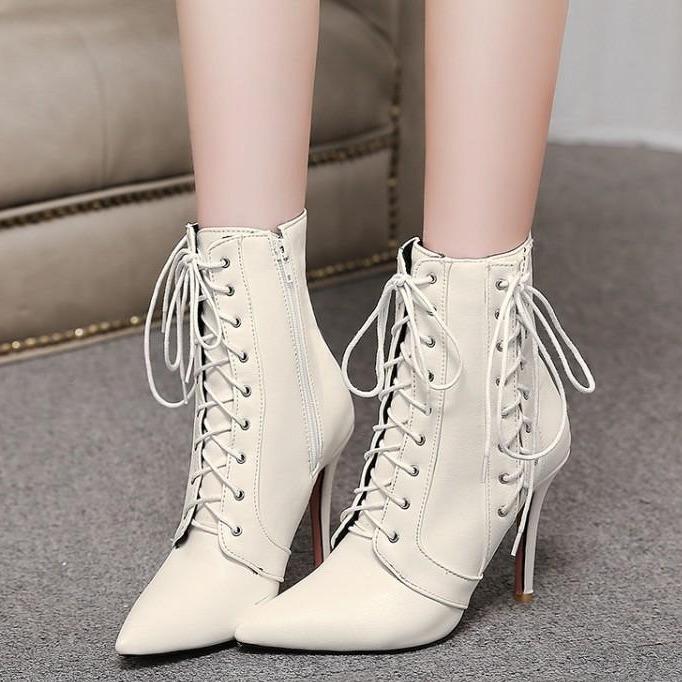 Women criss cross lace up pointed toe stiletto heeled booties